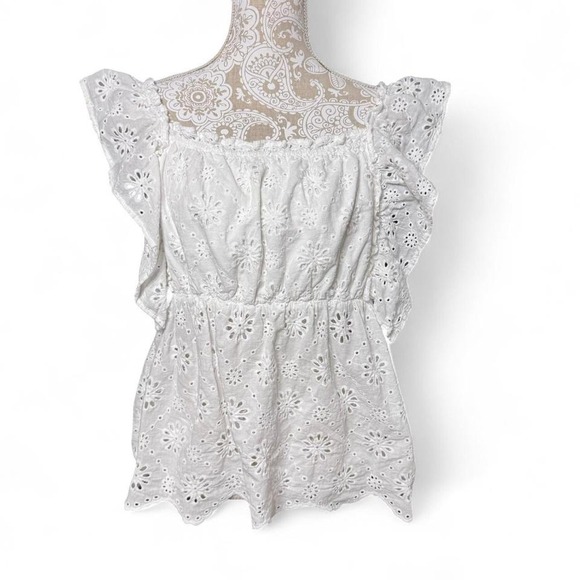 BiBi Tops - White Ruffle Sleeves Romantic Eyelet Tank Top Boho Cottage Core Size XL